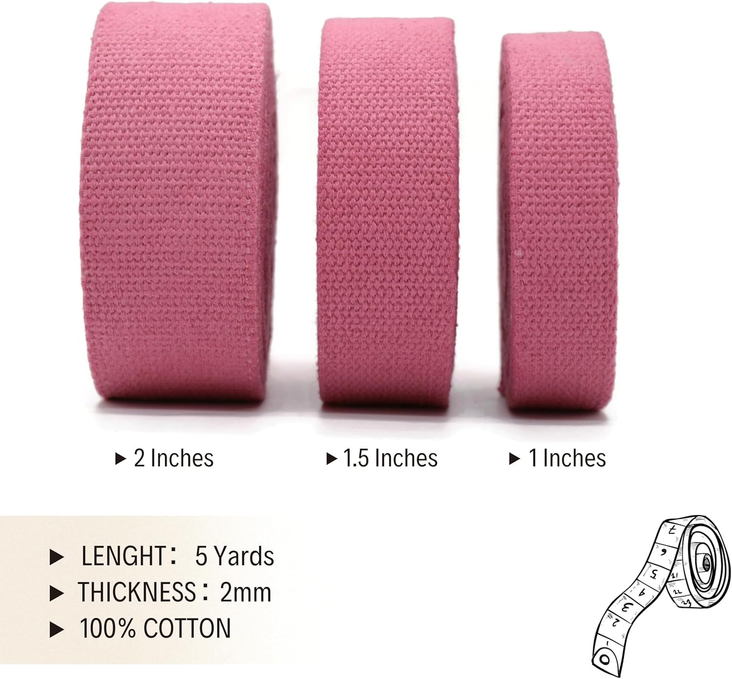 2" & 1.5'' & 1" Cotton Webbing - 5 Yards - 50+ Colors -%100 Natural Cotton - Turkish Woven - Heavy 1 Inch 1.5 Inch 2 Inch Rose Canvas Webbing for Sewing Straps Bag Climbing Indoors Craft DIY 11215…