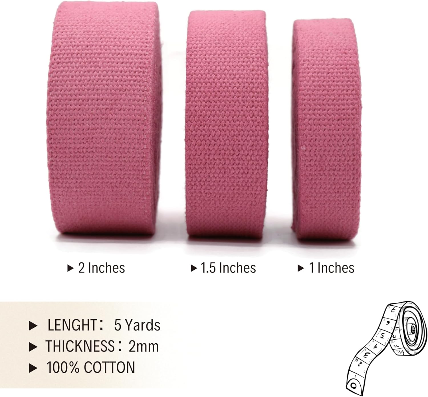 2" & 1.5'' & 1" Cotton Webbing - 5 Yards - 50+ Colors -%100 Natural Cotton - Turkish Woven - Heavy 1 Inch 1.5 Inch 2 Inch Rose Canvas Webbing for Sewing Straps Bag Climbing Indoors Craft DIY 11215…