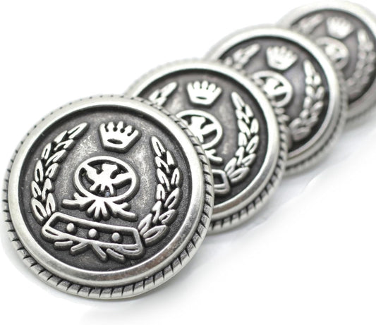 Antique Silver Metal Buttons - 12 Pcs - 4 Size Options - Crown of Rome Round Metal Shank Buttons Vintage for Men Women Blazer Coat Uniform Shirt Suit and Jacket Sewing Craft DIY N12701