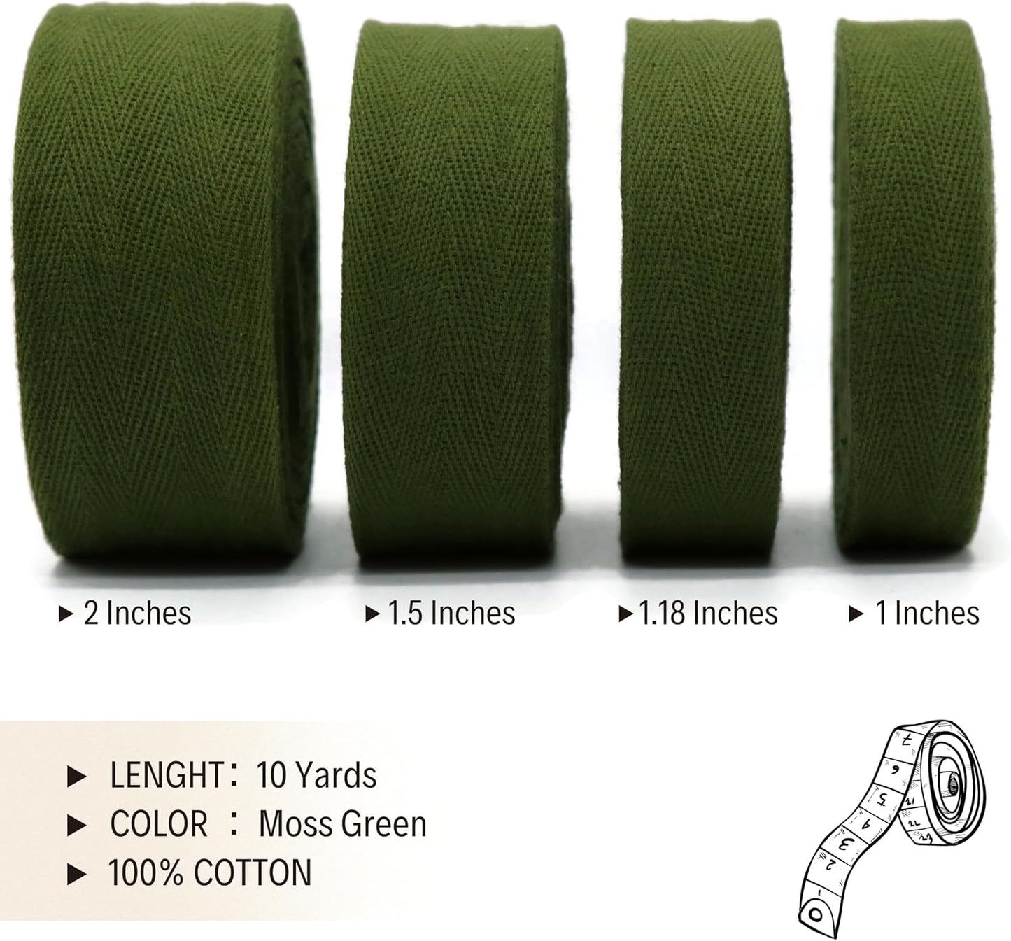 2" & 1.5" & 1.18'' & 1" Cotton Twill Tape - 10 Yards - 50+ Colors -%100 Natural Cotton 1 Inch 1.5 Inch 2 Inch Herringbone Bias Binding Cotton Tape Trim for Sewing Wrapping Craft DIY 10324 (MossGreen)…