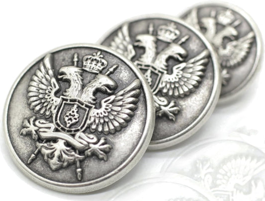 Antique Silver Metal Shank Buttons - 12 Pcs - 3 Size Options - Twin Eagle States Round Metal Shank Buttons Vintage for Men Women Blazer Coat Uniform Shirt Suit and Jacket Sewing Craft DIY N10303