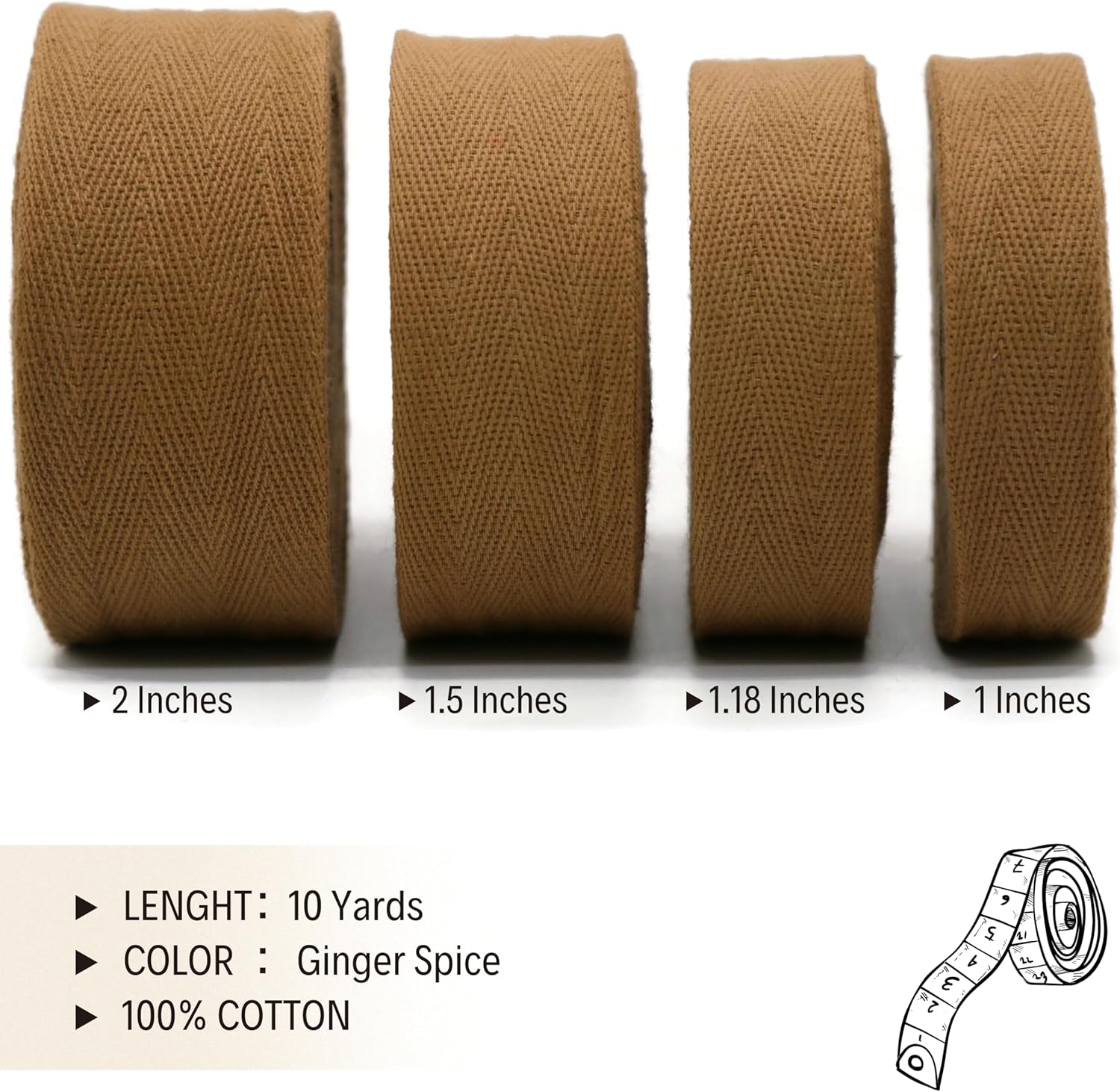 2" & 1.5" & 1.18'' & 1" Cotton Twill Tape - 10 Yards - 50+ Colors -%100 Cotton 1 Inch 1.5 Inch 2 Inch Herringbone Bias Binding Cotton Tape Trim for Sewing Wrapping Craft DIY 10455 (Ginger Spice)…