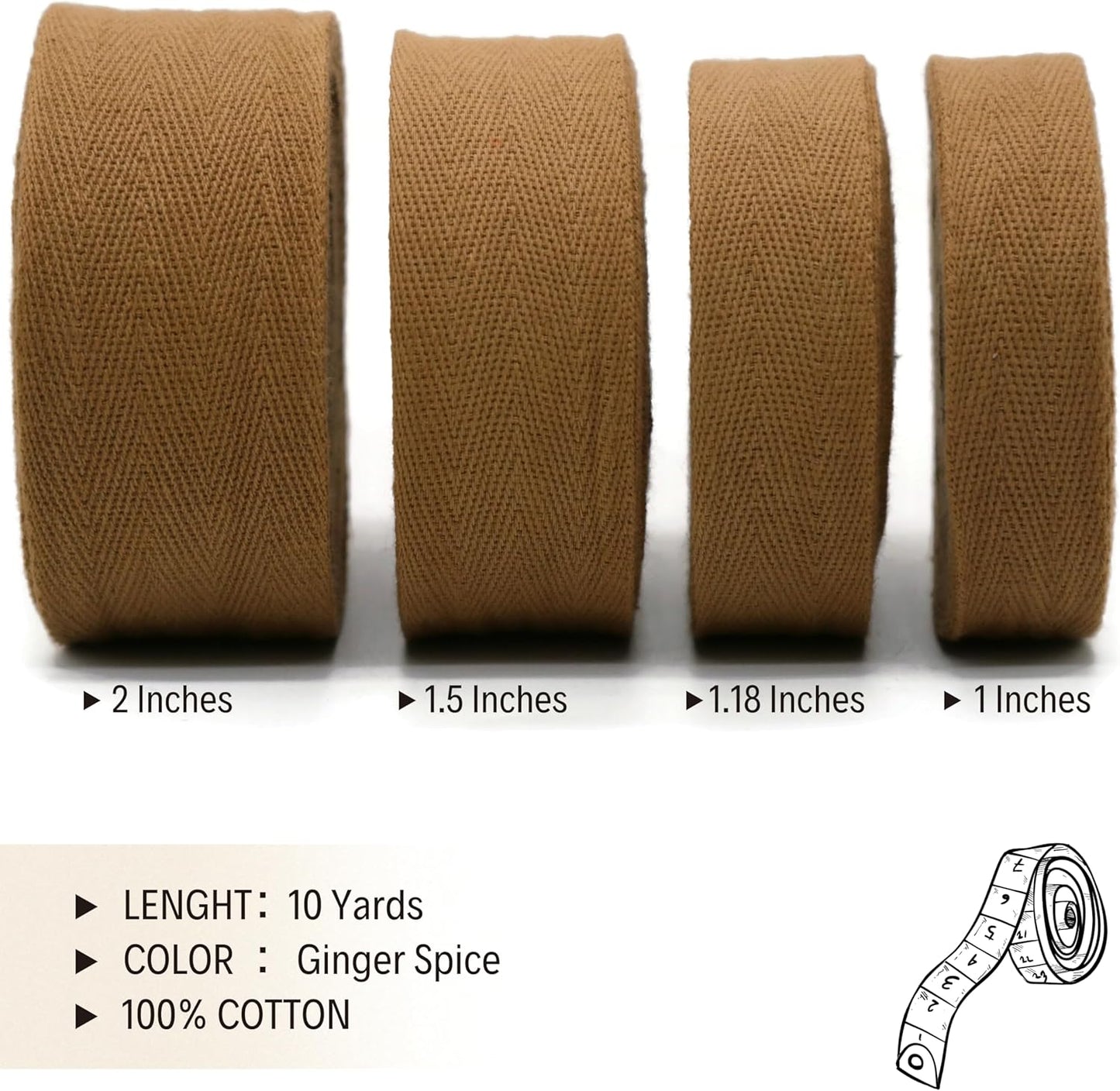 1" & 1.18" & 1.5'' & 2" Cotton Twill Tape - 10 Yards - 50+ Colors -%100 Cotton 1 Inch 1.5 Inch 2 Inch Herringbone Bias Binding Cotton Tape Trim for Sewing Wrapping Craft DIY 10452 (Ginger Spice)…