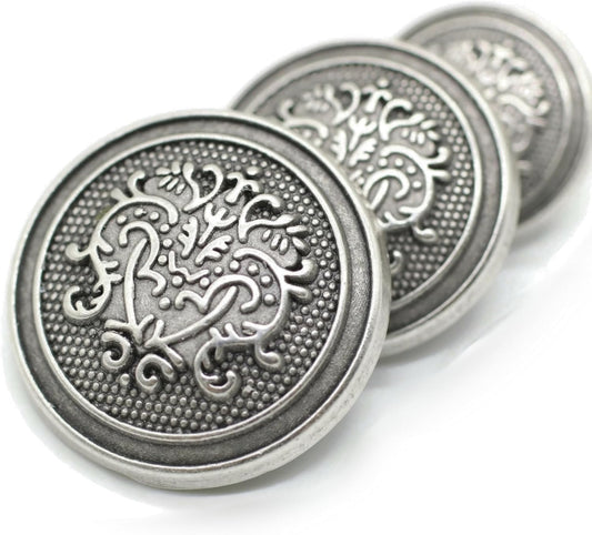 Antique Silver Metal Shank Buttons - 12 Pcs - 3 Size Options - Floral Round Metal Shank Buttons Vintage for Men Women Blazer Coat Uniform Shirt Suit and Jacket Sewing Craft DIY N12603