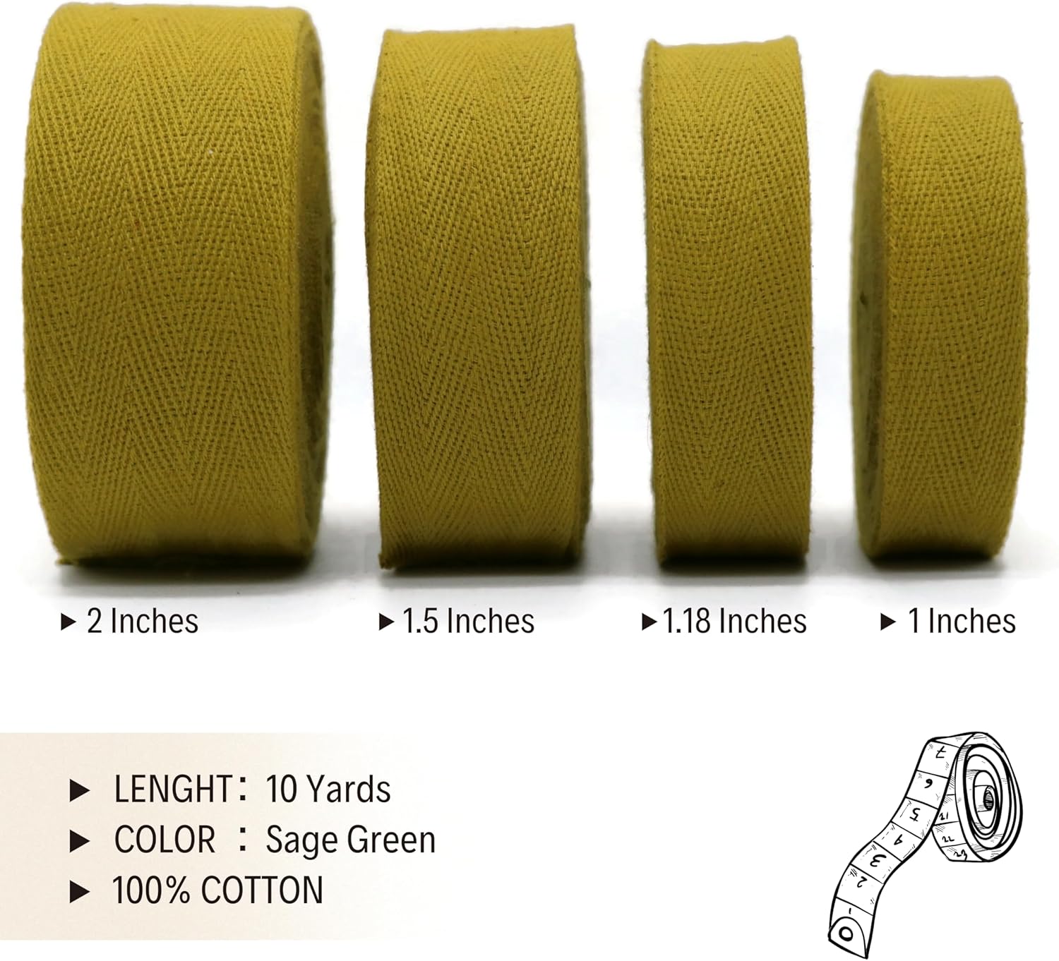 2" & 1.5" & 1.18'' & 1" Cotton Twill Tape - 10 Yards - 50+ Colors -%100 Natural Cotton 1 Inch 1.5 Inch 2 Inch Herringbone Bias Binding Cotton Tape Trim for Sewing Wrapping Craft DIY 10305(SageGreen)…