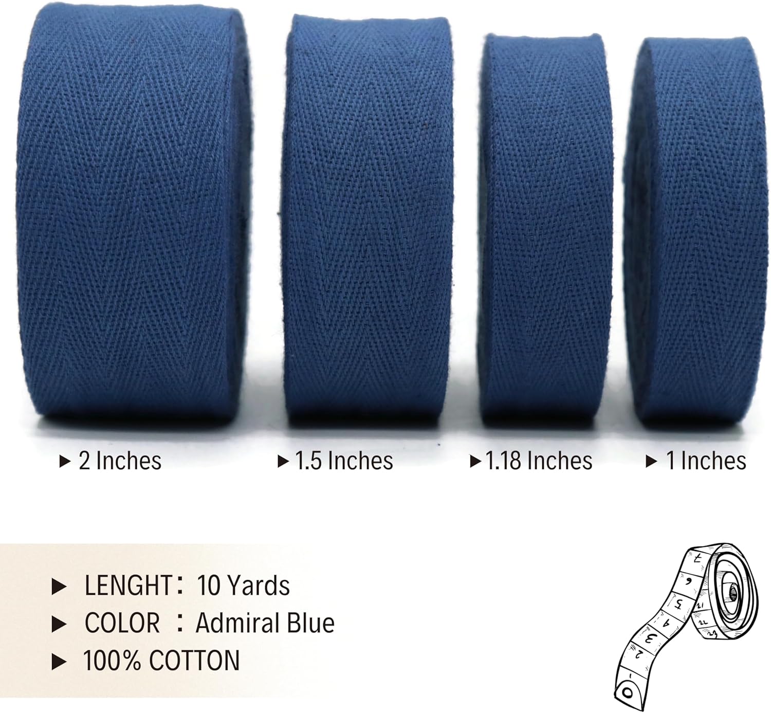 2" & 1.5" & 1.18'' & 1" Cotton Twill Tape - 10 Yards - 50+ Colors -%100 Cotton 1 Inch 1.5 Inch 2 Inch Herringbone Bias Binding Cotton Tape Trim for Sewing Wrapping Craft DIY 10384 (Admiral Blue)…