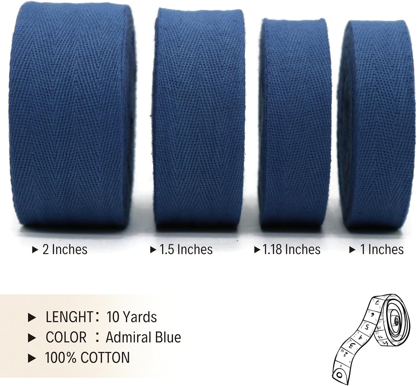 1" & 1.18" & 1.5'' & 2" Cotton Twill Tape - 10 Yards - 50+ Colors -%100 Cotton 1 Inch 1.5 Inch 2 Inch Herringbone Bias Binding Cotton Tape Trim for Sewing Wrapping Craft DIY 10382 (Admiral Blue)…