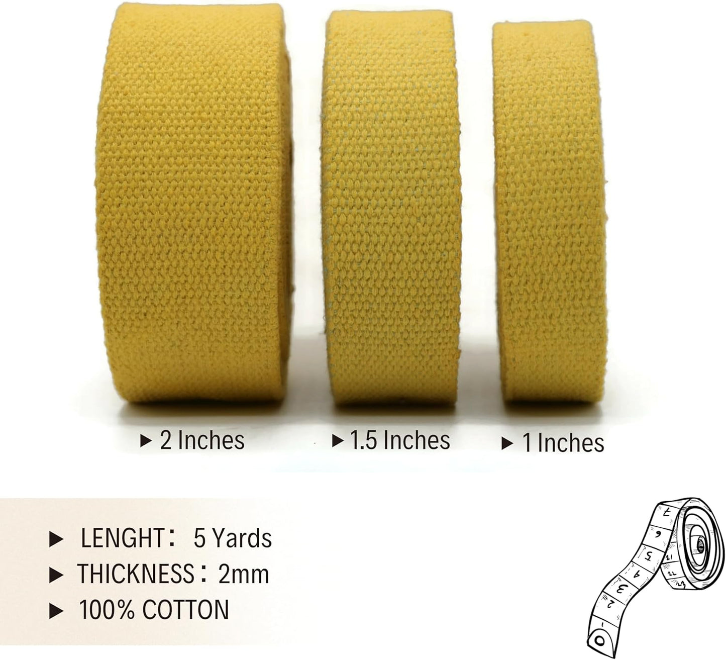 2" & 1.5'' & 1" Cotton Webbing - 5 Yards - 50+ Colors -%100 Natural Cotton - Turkish Woven - Heavy Duty 1 Inch 1.5 Inch 2 Inch Webbing for Sewing Straps Bag Climbing Indoors Craft DIY 11115…